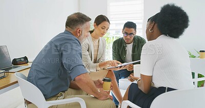 Buy stock photo Documents, meeting and team of business people in office with planning for creative project. Discussion, collaboration and group of editors with paperwork for article with publishing in workplace.
