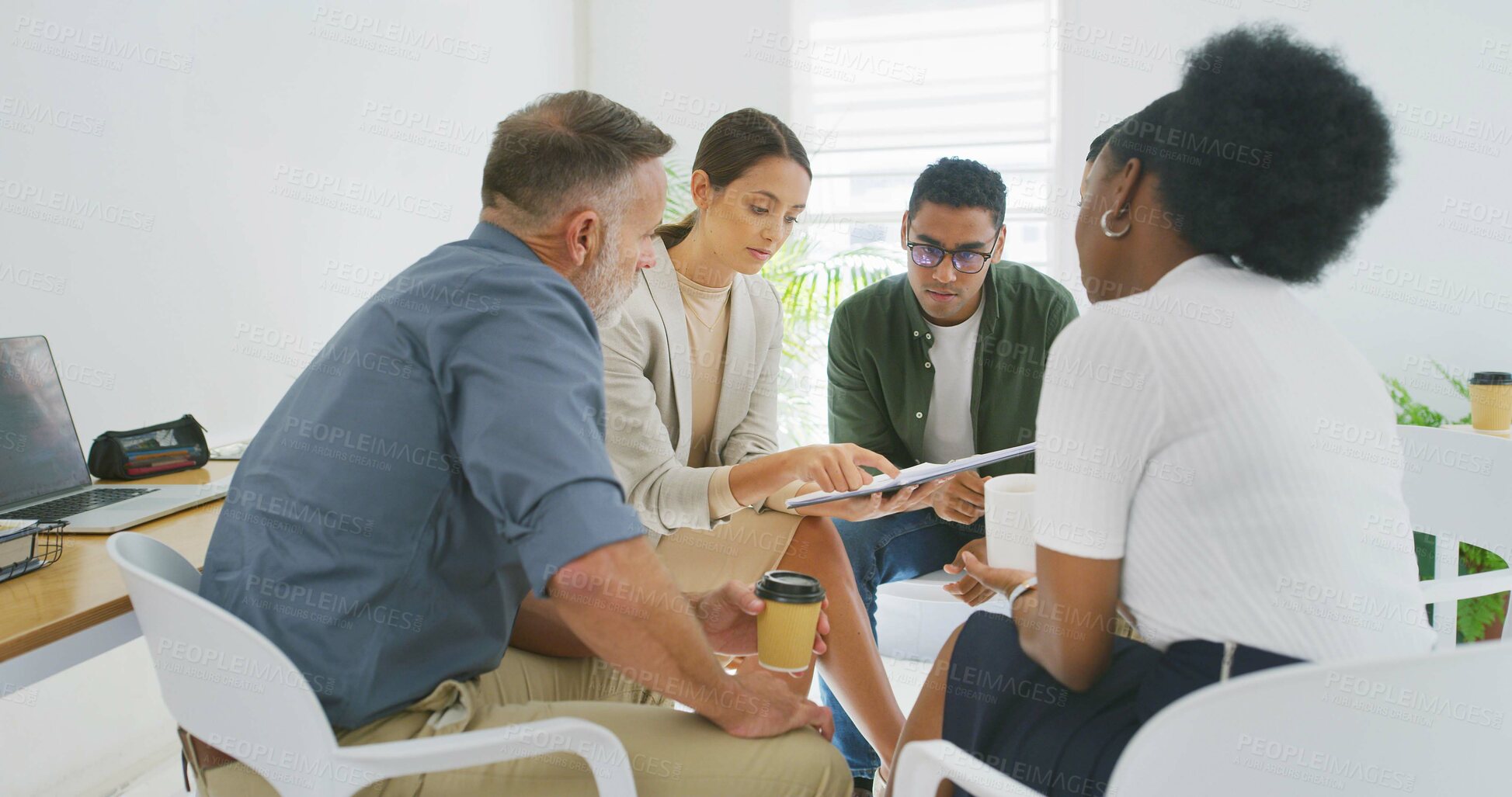 Buy stock photo Documents, meeting and team of business people in office with planning for creative project. Discussion, collaboration and group of editors with paperwork for article with publishing in workplace.
