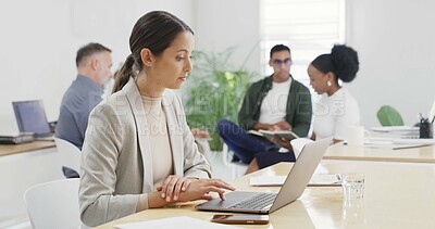 Buy stock photo Review, office or businesswoman with laptop for copywriting, news or research project. Startup, coworking or copywriter in creative workplace for article post, email marketing and networking online 