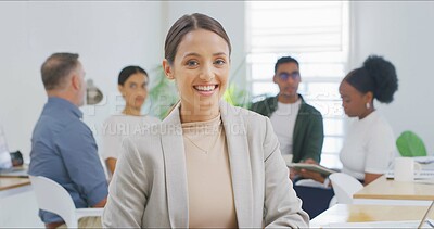 Buy stock photo Smile, portrait and meeting with business woman in office for internship, design agency or pride. Branding campaign, trainee or coworker with person in creative startup for opportunity and confidence