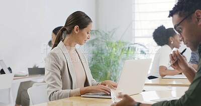 Buy stock photo Laptop, planning and research with business woman at desk in coworking office for online report. Computer, reading and typing with employee in workplace for administration, project update or review