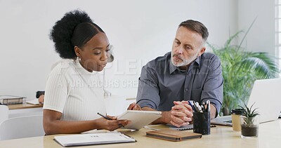 Buy stock photo Tablet, mentor and advice with business people in office for design briefing, internship program or help. Project research, branding intern and mature man with woman in startup for portfolio coaching