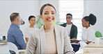 Smile, portrait and professional with business woman in office for internship, design agency or pride. Branding campaign, trainee or happy with person in startup for opportunity and confidence