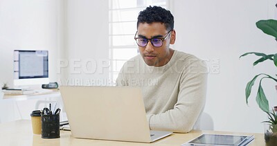 Buy stock photo Laptop, glasses and reading with business man in office for project checklist, event manager and research. Program schedule, planning and email guest list with person in agency for timeline review
