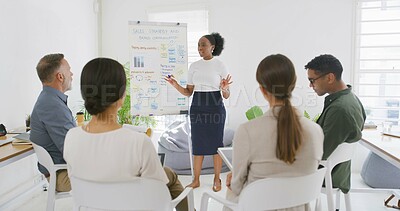 Buy stock photo Woman, presentation and sales strategy at office with team, notes and graphs for equity, debt or stats. Person, speaker and board with marketing group for brand communication, feedback and charts