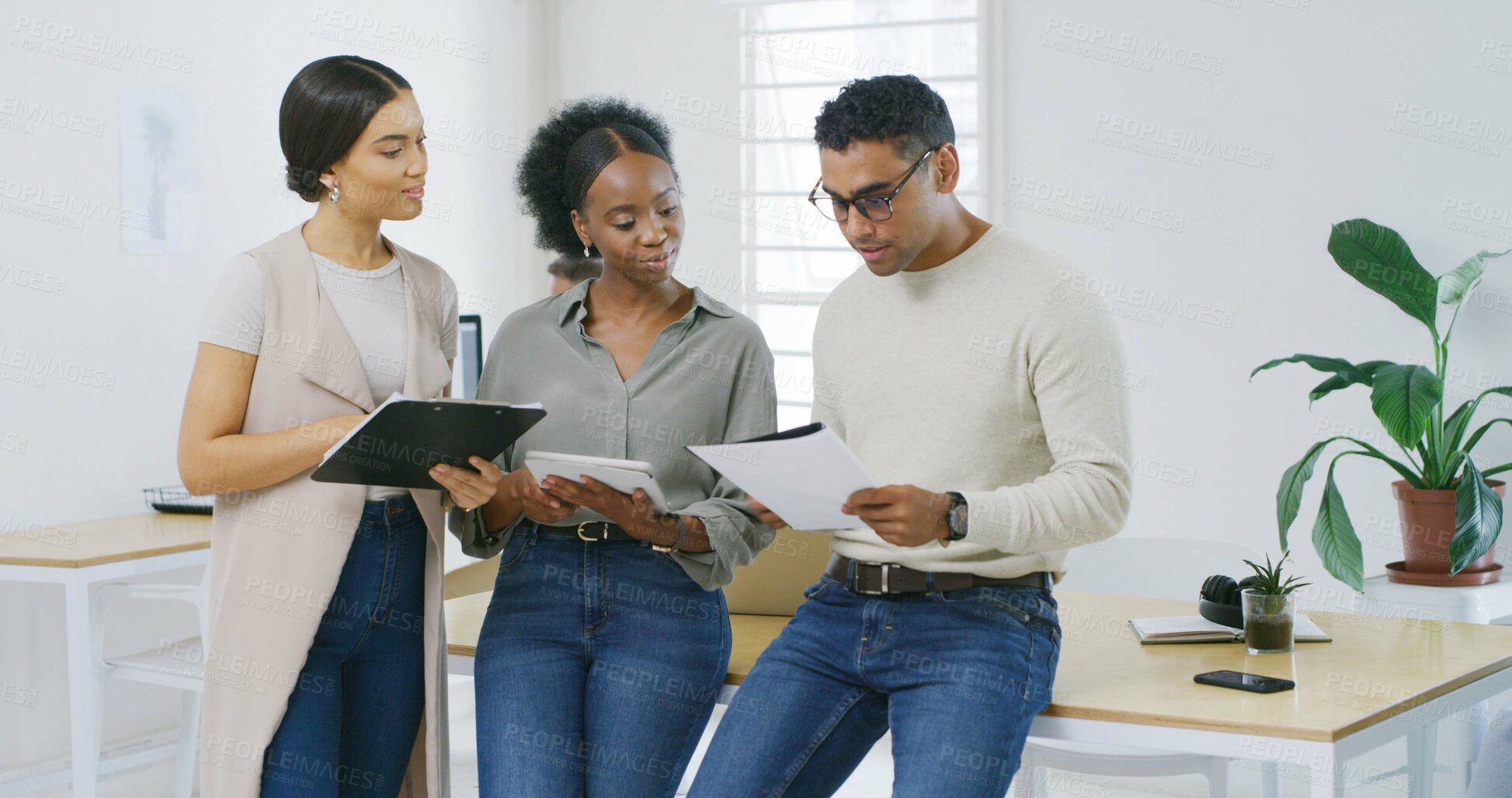 Buy stock photo Business, cooperation and people in office, planning and conversation with online magazine. Creative agency, brainstorming and journalist with review, ideas and research for news report and teamwork