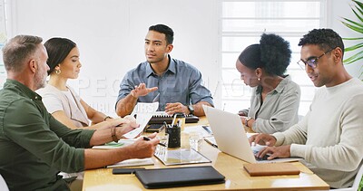 Buy stock photo Documents, laptop and meeting with business people in office boardroom for review. Computer, paperwork and project management with employee team in professional workplace for feedback or update