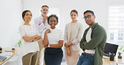 Buy stock photo Portrait, group and creative business people in office for collaboration with journalists. Team, arms crossed and staff together with confidence, happy or about us with news reporters in workplace