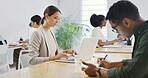 Business woman, agency and laptop with documents for online report, finance or project in office. Female person, financial analyst or analysis with paperwork or computer for budget plan in workplace