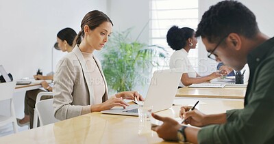 Buy stock photo Business woman, agency and laptop with documents for online report, finance or project in office. Female person, financial analyst or analysis with paperwork or computer for budget plan in workplace