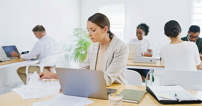 Buy stock photo Documents, office or businesswoman on laptop for copywriting, news or research project. Report, coworking or copywriter in creative startup for paperwork information, administration or online update