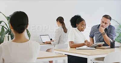 Buy stock photo Tablet, thinking and woman with business man in office for project, event manager and budget advice. Program schedule, planning and guest checklist with mentor person for coworking idea or discussion