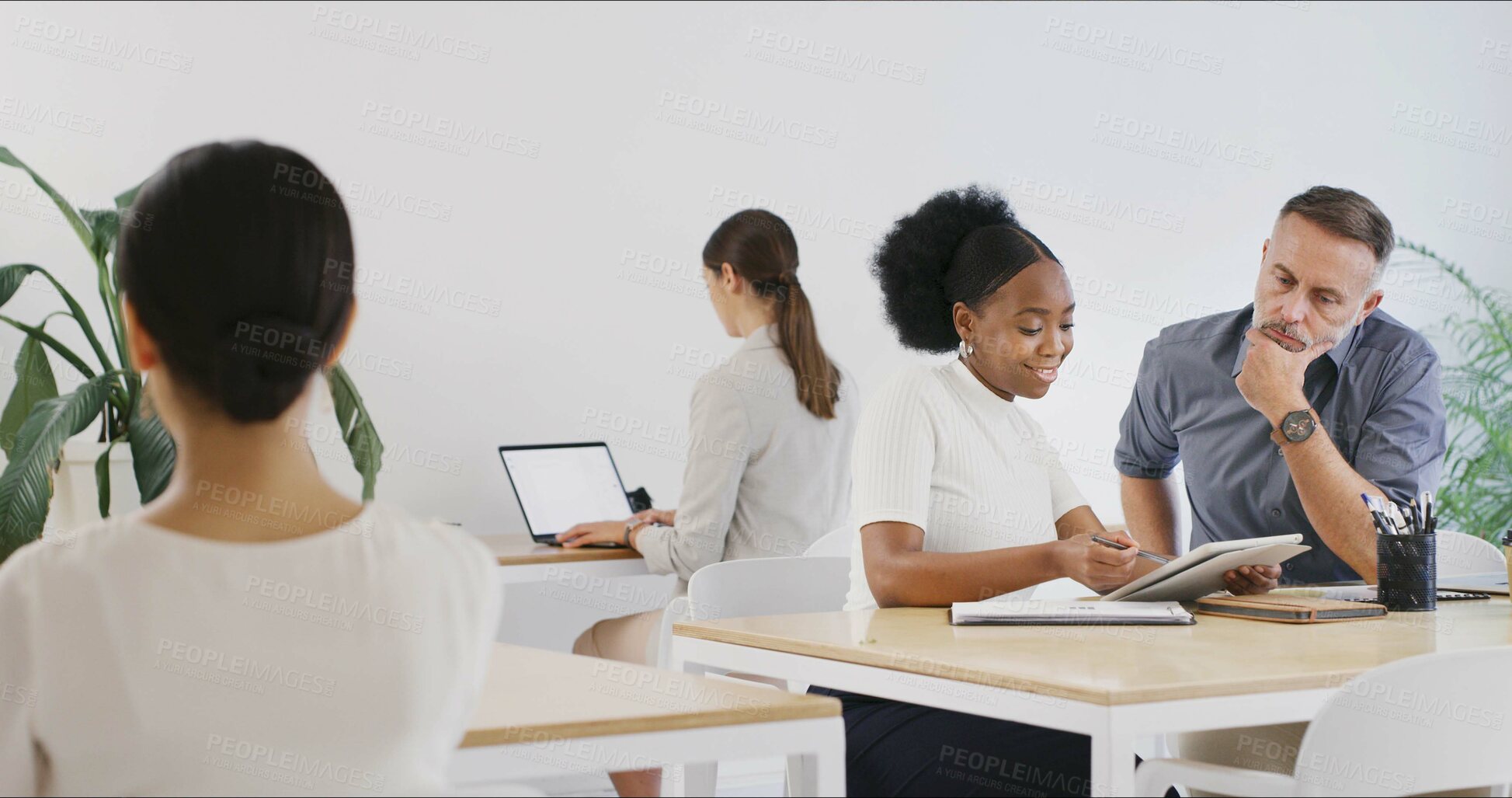 Buy stock photo Tablet, thinking and woman with business man in office for project, event manager and budget advice. Program schedule, planning and guest checklist with mentor person for coworking idea or discussion