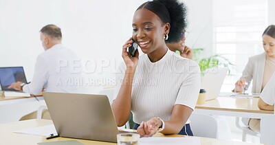 Buy stock photo Business, phone call and woman in workplace, laptop and copywriting with smile, networking and creativity. People, employees and journalist in office, cellphone and communication with digital app