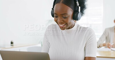 Buy stock photo Smile, laptop and headphones with business woman in office for learning, webinar and demo walkthrough. Policy training, online orientation or streaming with person in agency for professional upskill