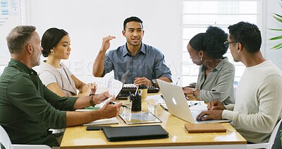 Buy stock photo Explain, meeting and project management with business people in office boardroom for review. Conversation, feedback and our vision with employee team in professional workplace for discussion