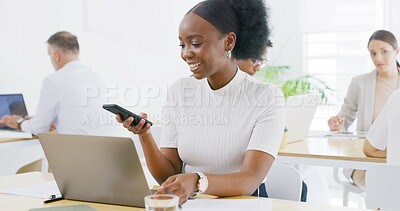Buy stock photo Reading, office or happy businesswoman with phone for online feedback or text message. Coworking, laptop or consultant checking on mobile app for email notification, technology or news in workplace