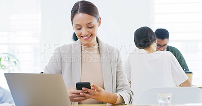 Buy stock photo Smile, office or businesswoman texting with mobile for online feedback or message. Coworking, laptop or consultant reading smartphone for email notification, technology or news search in workplace