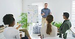 Business man, team and whiteboard in presentation for eco friendly startup, sales strategy or stats. Sustainable finance manager, people and meeting with graphs for ESG metrics or brand communication
