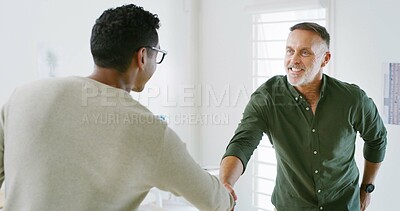 Buy stock photo Handshake, meeting and welcome with business people in office for greeting, partnership and support. Success, shaking hands and smile with men in creative agency for agreement, deal and thank you