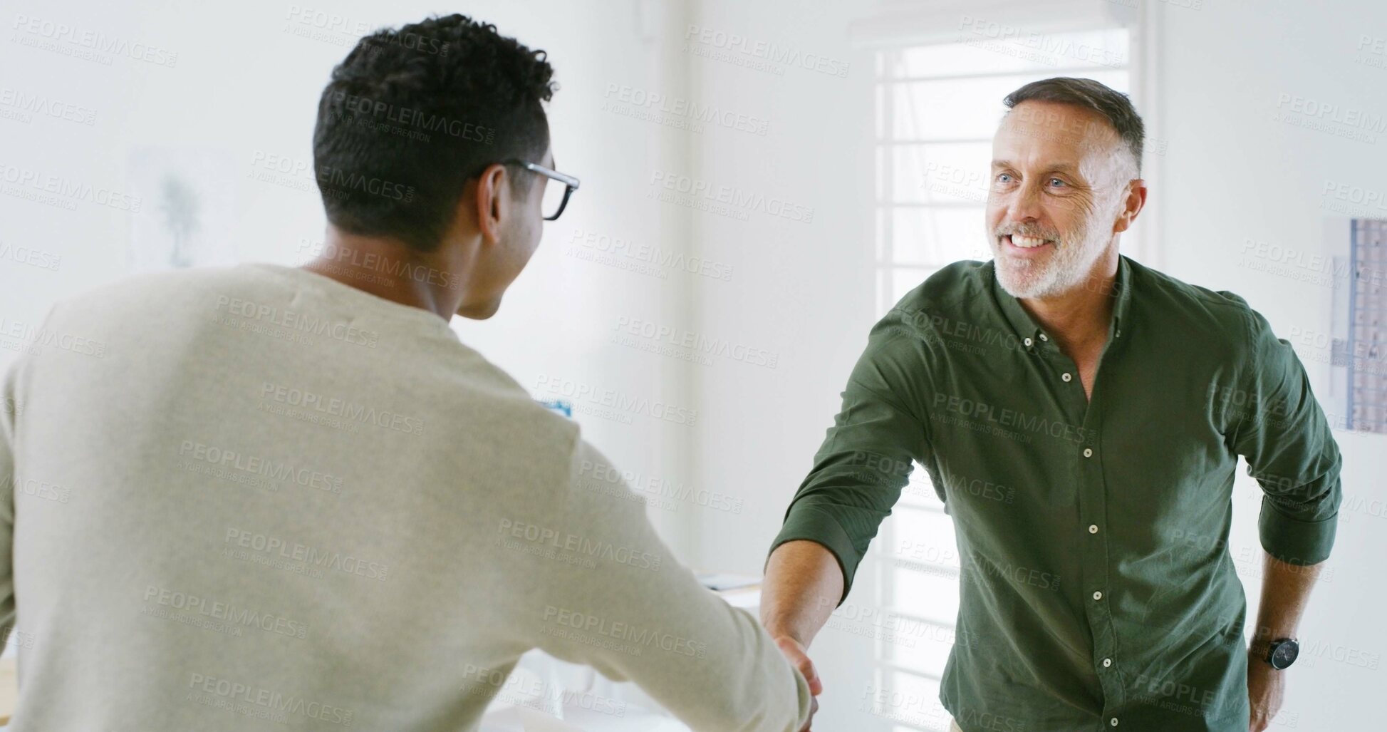 Buy stock photo Handshake, meeting and welcome with business people in office for greeting, partnership and support. Success, shaking hands and smile with men in creative agency for agreement, deal and thank you