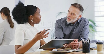 Buy stock photo Clipboard, mentor and advice with business people in office for design briefing, internship program or help. Project research, talking and mature man with woman in startup for portfolio coaching