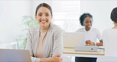 Buy stock photo Confident, portrait and businesswoman on laptop in office for internship, digital agency or pride. Branding campaign,  or happy copywriter in startup for opportunity, online project and confidence