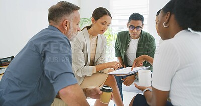 Buy stock photo Group, people and meeting with document in office for discussion, planning and article feedback. Staff, journalist and reading paperwork for teamwork, story questions and information for publication