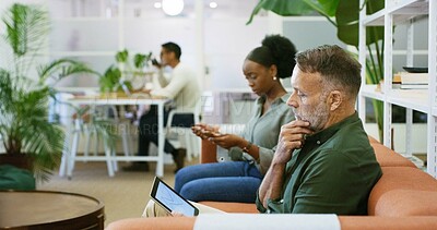 Buy stock photo Tablet, thinking and sofa with business man in office for project graph, event manager and budget reflection. Program schedule, planning and performance review with mature person for coworking idea