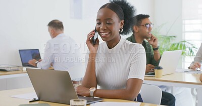 Buy stock photo Business, phone call and woman in office, laptop and copywriting with smile, networking and creativity. People, employees and journalist in workplace, smartphone and conversation with news reporter