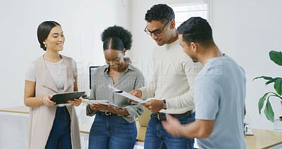 Buy stock photo Business, teamwork and people in workplace, planning and brainstorming with online magazine. Creative agency, cooperation and employees with review, discussion and research for news report and ideas