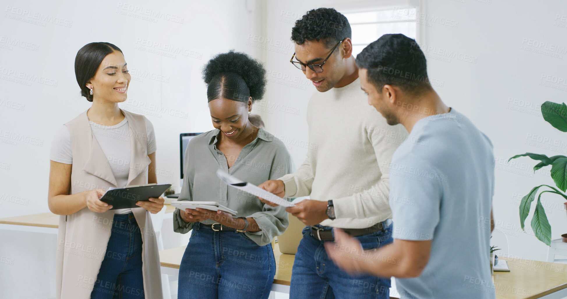 Buy stock photo Business, teamwork and people in workplace, planning and brainstorming with online magazine. Creative agency, cooperation and employees with review, discussion and research for news report and ideas