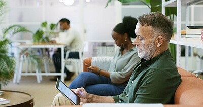 Buy stock photo Tablet, research and sofa with business man in office for project graph, event manager and budget reflection. Program schedule, planning and performance review with mature person for coworking idea