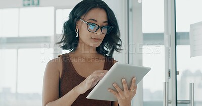 Buy stock photo Tablet, glasses and reading with business woman in office for planning, social media marketing and email. Public relations agent, campaign engagement report and app with person in creative agency