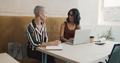 Buy stock photo Business women, laptop and teamwork in office for advice, training and problem solving. Administration, manager and writing notes in agency for feedback, help and assistance with learning software