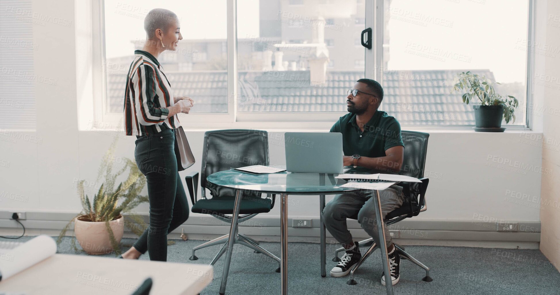 Buy stock photo Business, people and talking in office with arrival for appointment, meeting or career opportunity. Creative agency, job seeker and employee at desk with networking, company questions and discussion