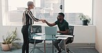 Business people, interview and meeting with handshake for hiring, contract or agreement in office. Businessman, woman or HR shaking hands with candidate for team onboarding or recruiting in workplace
