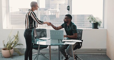Buy stock photo Business people, interview and meeting with handshake for hiring, contract or agreement in office. Businessman, woman or HR shaking hands with candidate for team onboarding or recruiting in workplace