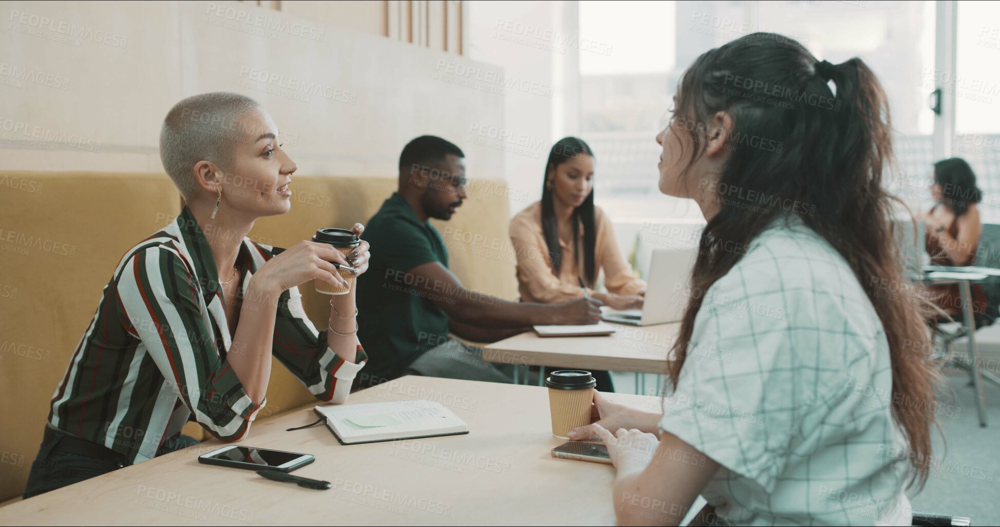 Buy stock photo Coffee, discussion and business people in office for research on creative project with collaboration. Coworking, conversation and editors with planning for online article publishing in workplace.