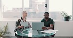 Business, people and paperwork with laptop in office for planning, finance report and budget review. Staff, document and pc for team, financial comparison and reading proposal for investment company