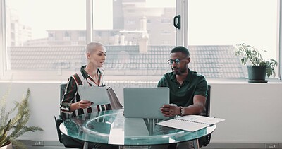 Buy stock photo Business, people and paperwork with laptop in office for planning, finance report and budget review. Staff, document and PC for team, financial comparison and reading proposal for investment company