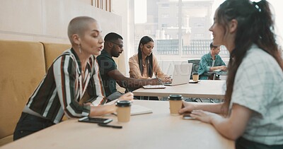 Buy stock photo Coffee, conversation and business people in office for research on creative project with collaboration. Coworking, discussion and editors with planning article publishing in workplace on break.