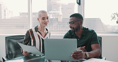 Buy stock photo Corporate, people and document with laptop in office for planning, finance report and budget review. Staff, paperwork and pc for team, financial comparison and reading proposal for investment company