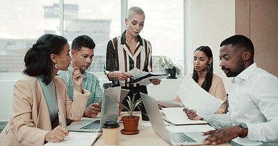 Buy stock photo Business people, meeting and document with laptop for collaboration, planning or brainstorming at office. Group of employees, team discussion and technology for paperwork and project management