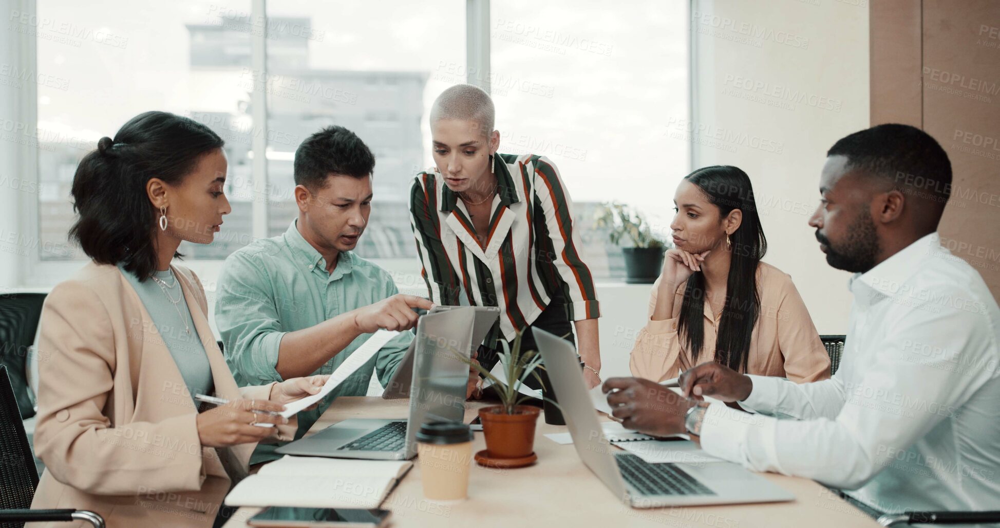 Buy stock photo Business people, meeting and document with tablet for collaboration, planning or brainstorming at office. Group of employees, team discussion and technology for paperwork and project management