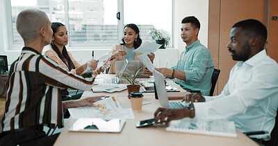 Buy stock photo Business people, meeting and paperwork with laptop for collaboration, planning or brainstorming at office. Group of employees, strategy discussion and technology for document and project management