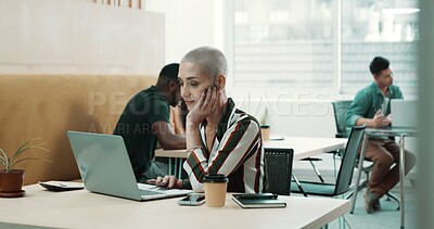 Buy stock photo Creative, office and business woman on laptop for online project, research and SEO analytics. Professional, startup and person on computer for website info, feedback and planning in coworking space