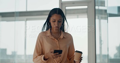Buy stock photo Phone, office and business woman with coffee for social media, internet news and browse website. Corporate, worker and person walking with smartphone for research, connection and email communication