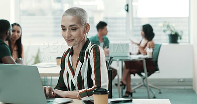 Buy stock photo Creative, coworking and business woman on laptop for online project, research and seo insight. Professional, startup and happy person on computer for website info, feedback and planning in office