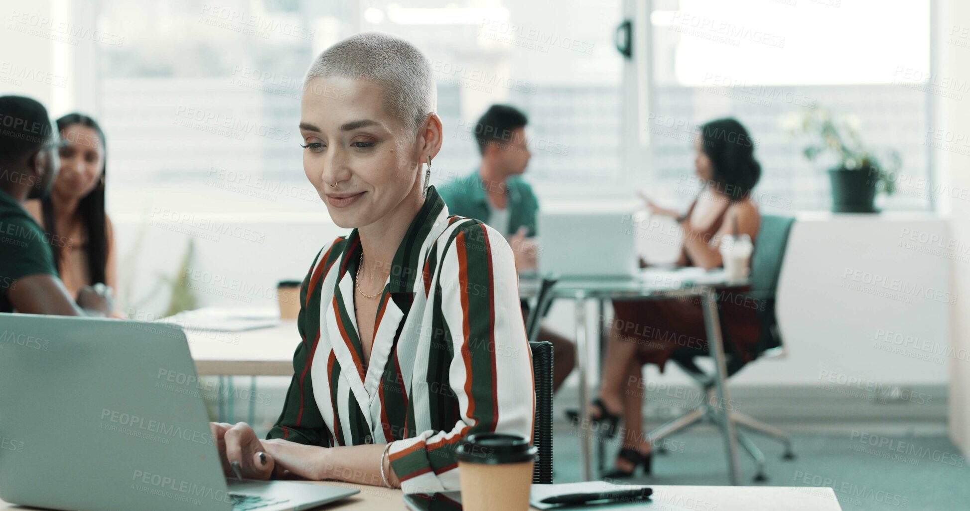 Buy stock photo Creative, coworking and business woman on laptop for online project, research and seo insight. Professional, startup and happy person on computer for website info, feedback and planning in office